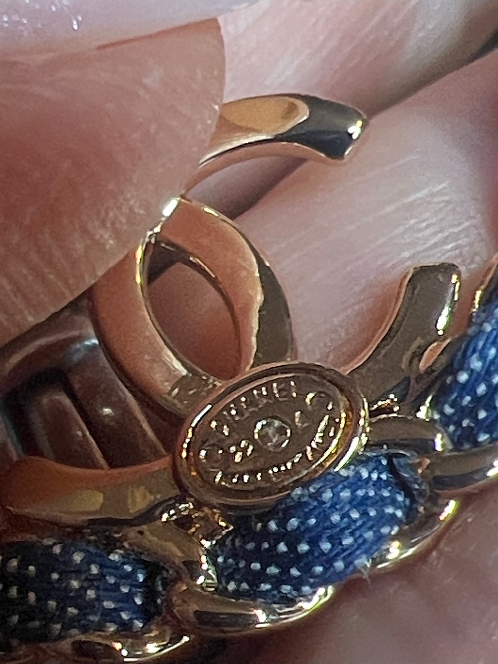Designer-Inspired Blue and Gold Interlocking-Logo Hoop Earrings - Picture 7 of 7
